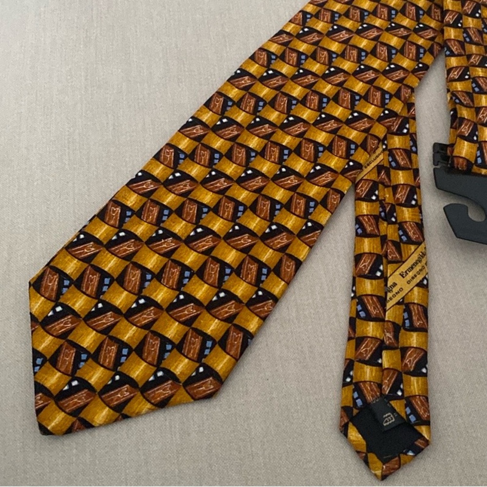 Ermenegildo Zegna black ,orange  tulip design Silk Tie Made in Italy Geometric
